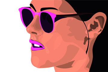 Girl in pink sunglasses with dark hair. Stylish vector illustration