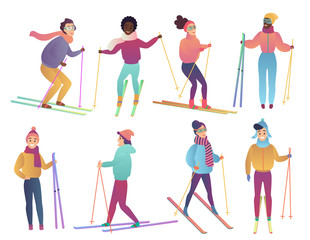 Fototapeta na wymiar Group of cute cartoon skiers. People ski. Trendy gradient flat color vector illustration. Winter active sport leisure.