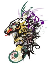 Monster horse head. Splattered horse head mascot created by the head of a dragon with an aggressive lioness head inside and the colorful twirled floral splashes