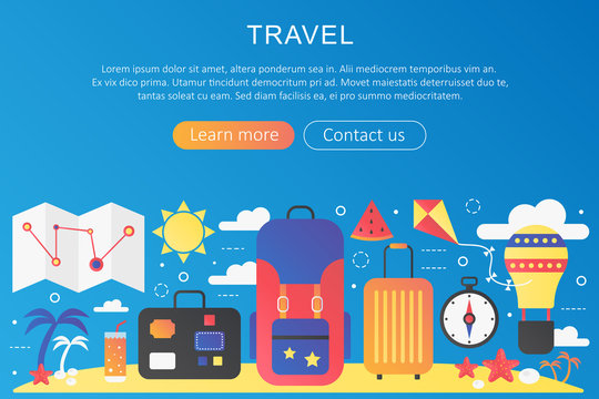 Vector trendy flat gradient color Travel trip adventure and vacation concept template banner with icons and text.