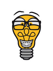 gesicht nerd geek hornbrille zahnspange glühbirne licht strom idee schlau überlegen lösung hell lampe leuchten birne clipart comic cartoon