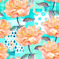 Seamless pattern with watercolor roses and butterflies on teal patchwork