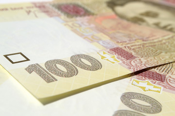 Fragment of the Ukrainian banknotes one hundred hryvnia selective focus