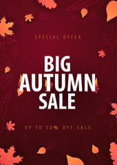 Autumn Background with leaves for shopping sale or promo poster and frame leaflet or web banner. Vector illustration template.