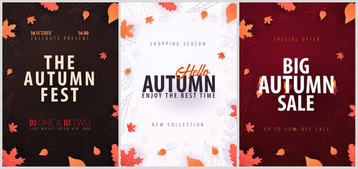 Set of Autumn Backgrounds with leaves for shopping sale, promo poster and frame leaflet, web banner. Vector illustration template.