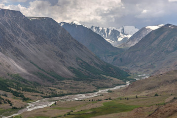 mountains river valley overcast summer