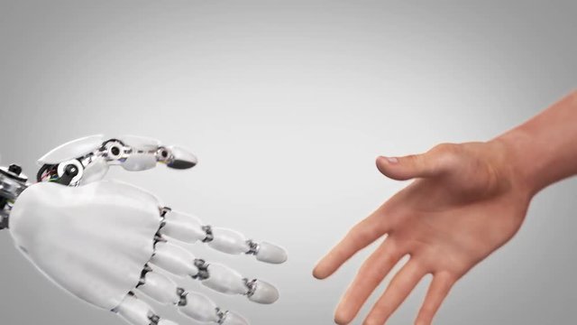 Robot and Man Shaking Hands. Beautiful realistic 3d animation on a green background with a pass of depth of field. 4K