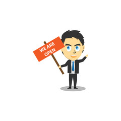 businessman hold we are open sign illustration