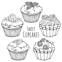 Group of vector illustrations on the sweets theme; set of different kinds of cupcakes decorated with berries, chocolate or nuts. Pictures are depicted as black sketches on a white background.