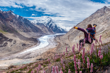 Beautiful landscape of D rang-Drung Glacier with flowers, Mountain glacier on zanskar road at Himalaya Range, Zanskar, Jammu and Kashmir.