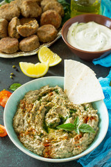 Arabic cuisine. Fresh homemade creamy mung hummus. Ramadan food.