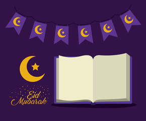 eid mubarak card with set icons vector illustration design