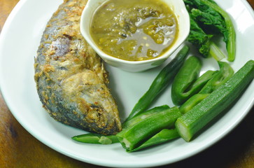 fried mackerel and fish chili paste sauce eat couple with fresh vegetable