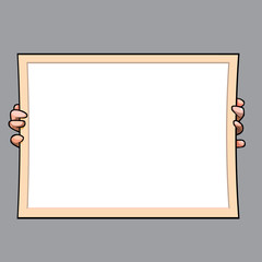cartoon hands hold a large rectangular empty signboard