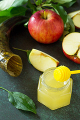 Background Rosh hashanah (Jewish New Year). Traditional holiday symbols - shofar, honey and apple on a stone or slate background.