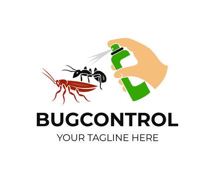 Hand holds spray and sprinkles on ants and cockroach, logo design. Pest control and bug control, in home and in agriculture, vector design. Nature, agricultural and house, illustration