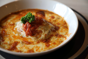 Homemade Beef Meat lasagna on dish in restaurant , Italian food