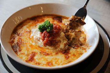 Homemade Beef Meat lasagna on dish in restaurant , Italian food
