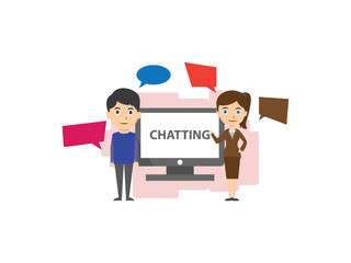 man and woman presentation with word chatting on computer illustration