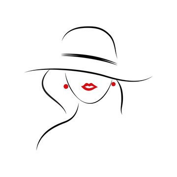 Line lay out of fashion girl with hat on white background