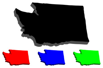 3D map of Washington (United States of America, The Evergreen State) - black, red, blue and green - vector illustration