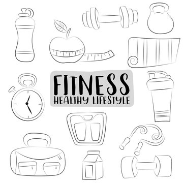 Fitness and healthy lifestyle icons set. Black and white outline coloring page. Hand drawn doodle objects. Vector illustrator.