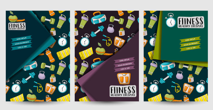 Fitness and healthy lifestyle corporate identity design set. Flyer and brochure template. Vector illustrator.