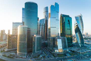 Aerial view of Moscow in summer, Russia. Modern skyscrapers.