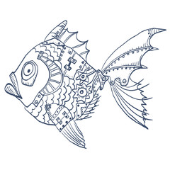 fish with mechanical parts of body. Hand drawn background illustration