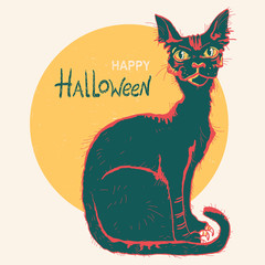 Black cat and big moon. Hand drawn color Halloween card illustration