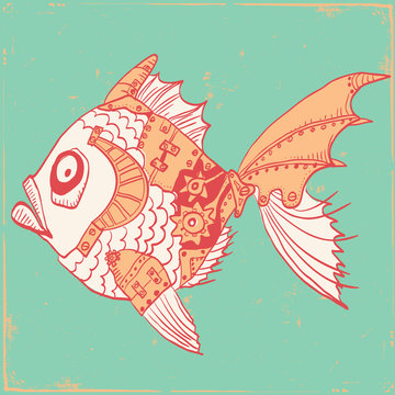 fish with mechanical parts of body. Hand drawn steampunk illustration on old paper