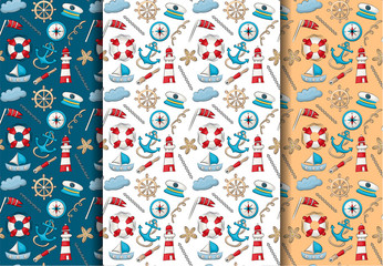Marine nautical travel theme set. Seamless pattern. Repeating background for textile, wrapping, wallpaper. Vector illustration.