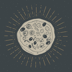 Pizza vintage label, Hand drawn sketch, grunge textured retro badge, typography design t-shirt print, vector illustration