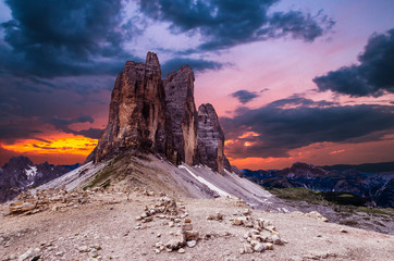 Naklejka premium Tre Cime di Lavaredo National Park. Sunset over Drei Zinnen, Trentino Alto Adige, South Tyrol, Dolomites mountains, Italy