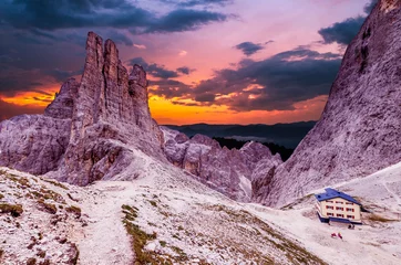 Fototapeten Torri Vajolet at sunset in Rosengarten Catinaccio massif. Beautiful view in Dolomites mountains, Alto Adige, South Tyrol, Italy © Lucian Bolca