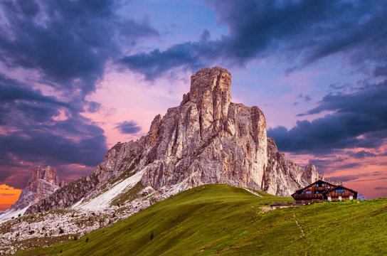 Sunset over Nuvolau massif in Dolomiti, Italy. View from Passo Giau over mount Ra Gusela, South Tirol, dolomites mountains, Alto Adige
