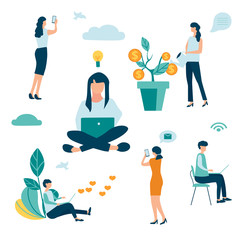 People communicate by Internet. Isolated characters, flat style.