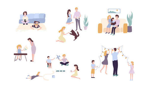 Happy family life situations. Isolated characters, flat style.