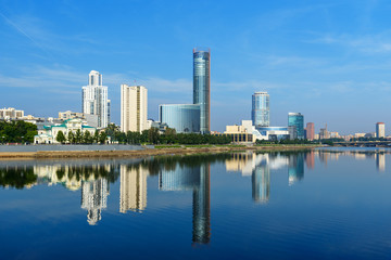 Naklejka premium View of city center skyline and Iset river. Yekaterinburg. Russia