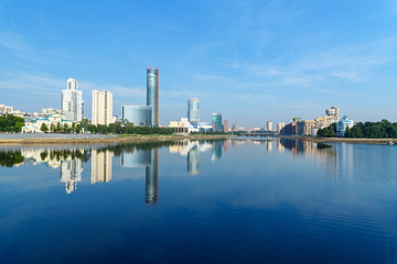 View of city center skyline and Iset river. Yekaterinburg. Russia