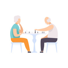 Senior couple characters playing chess, elderly people leading an active lifestyle social concept vector Illustration on a white background