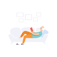 Senior man character lying on the sofa and reading a book, elderly people leading an active lifestyle social concept vector Illustration on a white background