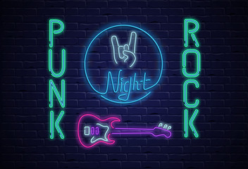 Punk rock neon colorful signboard on black bricklaying wall.