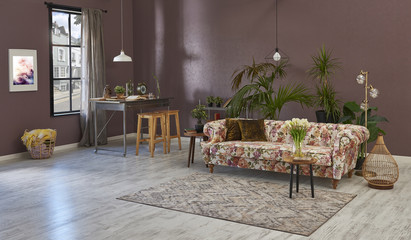 Modern brown living room with sofa and metal table dining room style with plant and corner living room.