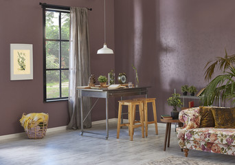 Decorative corner room with table and sofa coffee table and frame decoration brown wall style.