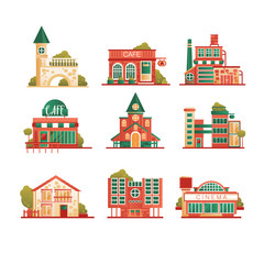 Collection of urban and suburban huses set, private houses and municipal public buildings vector Illustrations on a white background