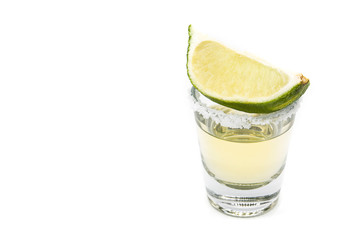 Mexican Gold tequila with lime and salt isolated on white background. Copyspace

