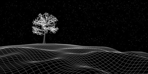 Abstract landscape background. Cyberspace landscape grid and tree. Technology concept.