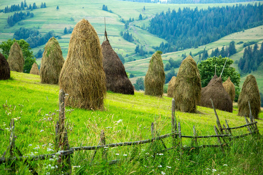 Stack of hay on a mountain meadow on a hillside.