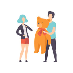 Young man giving big teddy bear to girlfriend, people celebrating the holidays concept, congratulations to a friend vector Illustration on a white background